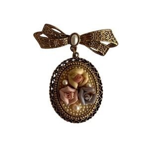 Vintage Victorian Revival Floral Brooch with Bow